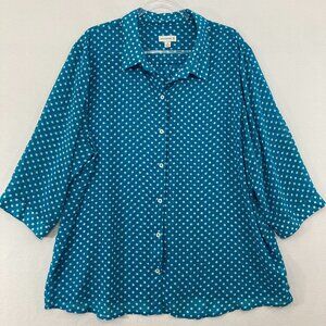 Susan Graver Top 2X Blue White Polka Dot Soft Flowy 3/4 Sleeve Chiffon Button Up